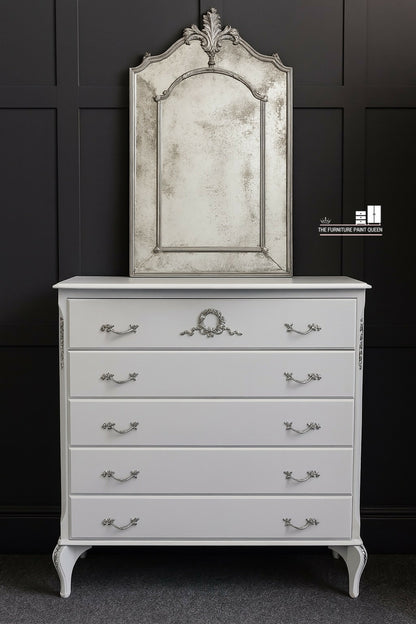French Louis Style White and silver Chest of Drawers: Ornate 5-Drawer Dresser