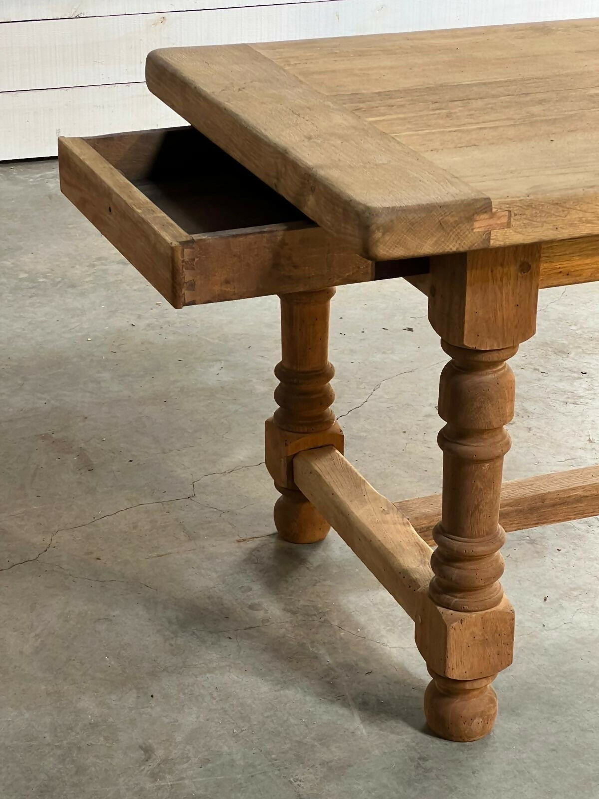 French Oak Farmhouse Kitchen Dining Table With Drawer