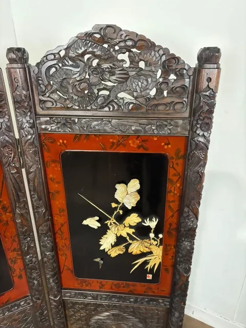 Heavily Carved Vintage Oriental Two Fold Screen