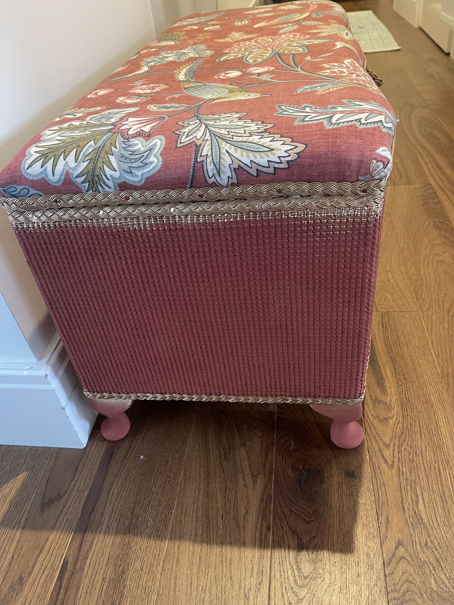 Mid century Ottoman living restored. Brick red chalk paint. Original gold trim. Matching new fabric