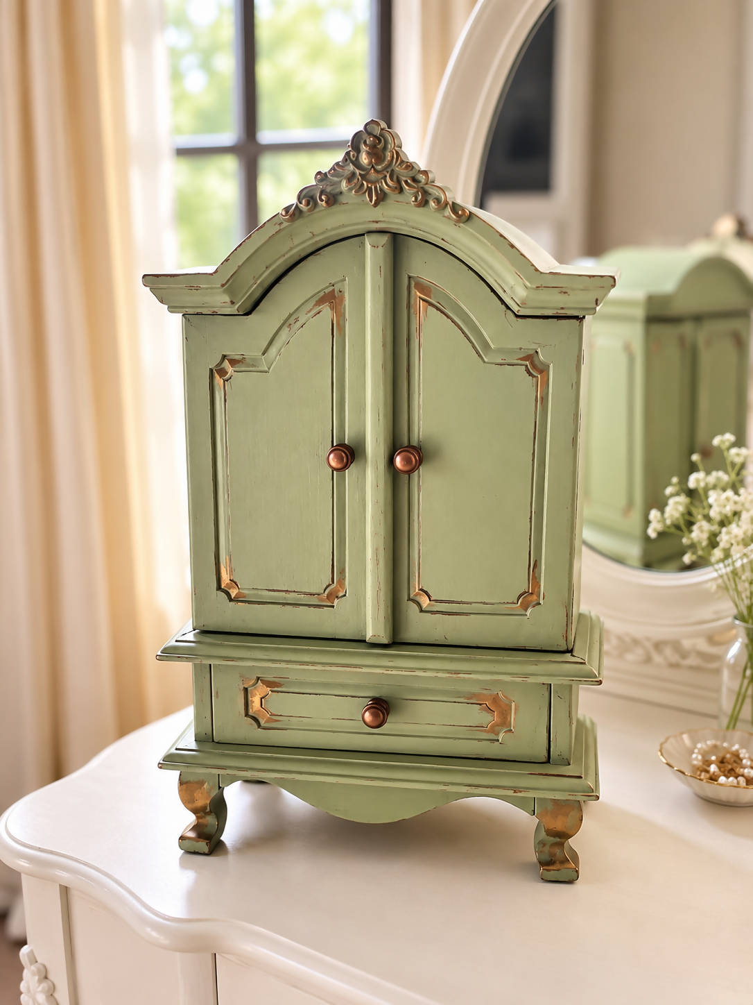 French-Style Miniature Armoire Jewellery Cabinet, Trinket Keepsake Box, Sage Green & Antique Gold