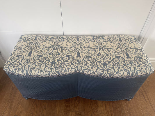 Mid century Ottoman. Repainted and reupholstered in Brer Rabbit material fabric dark blue