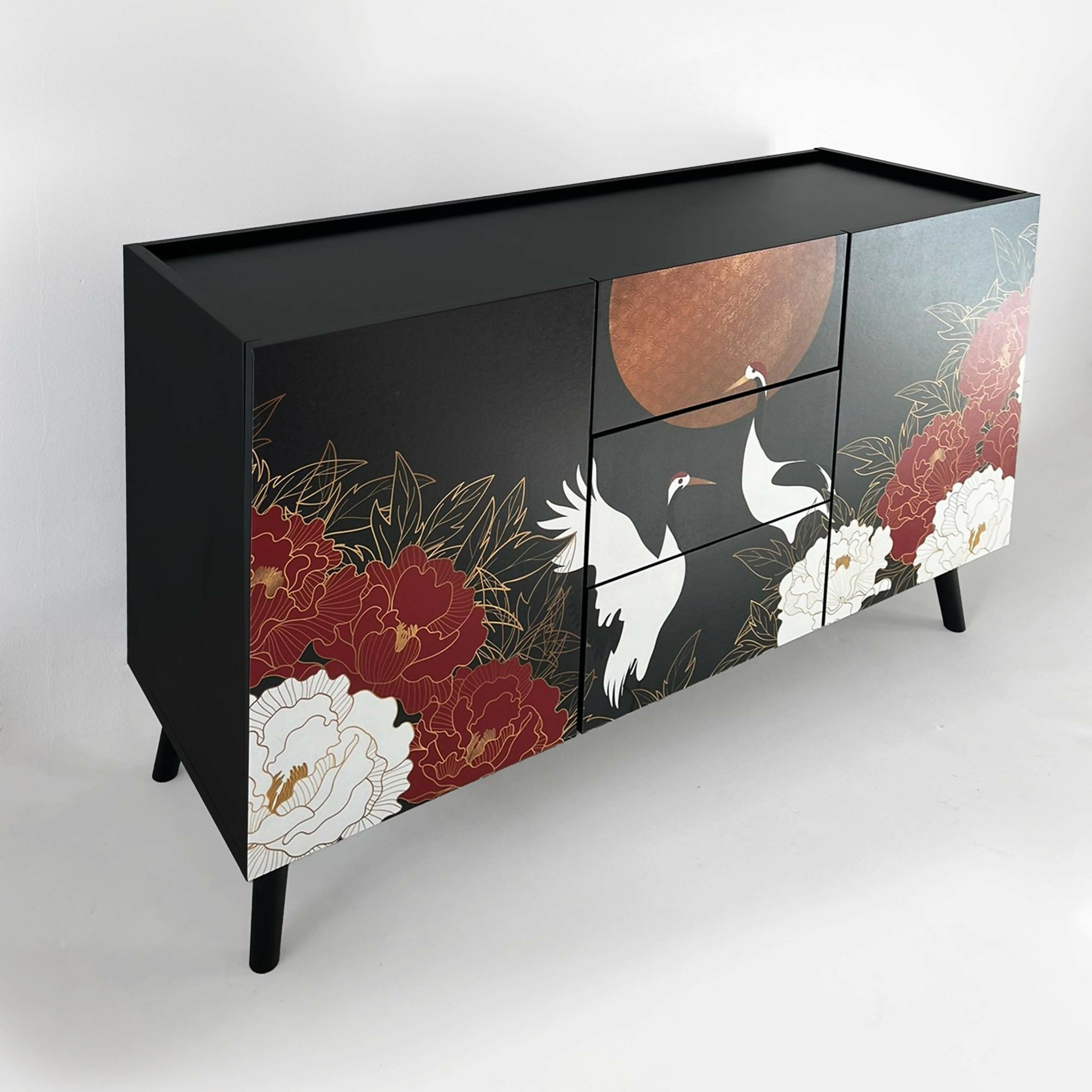 Black painted modern sideboard with red and white flowers and birds at the front