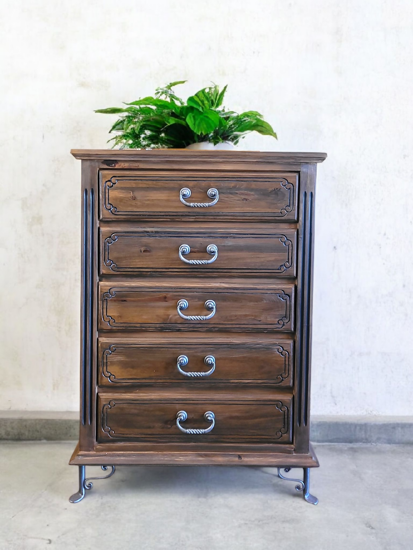 Vintage carved solid wood handmade chest of drawers