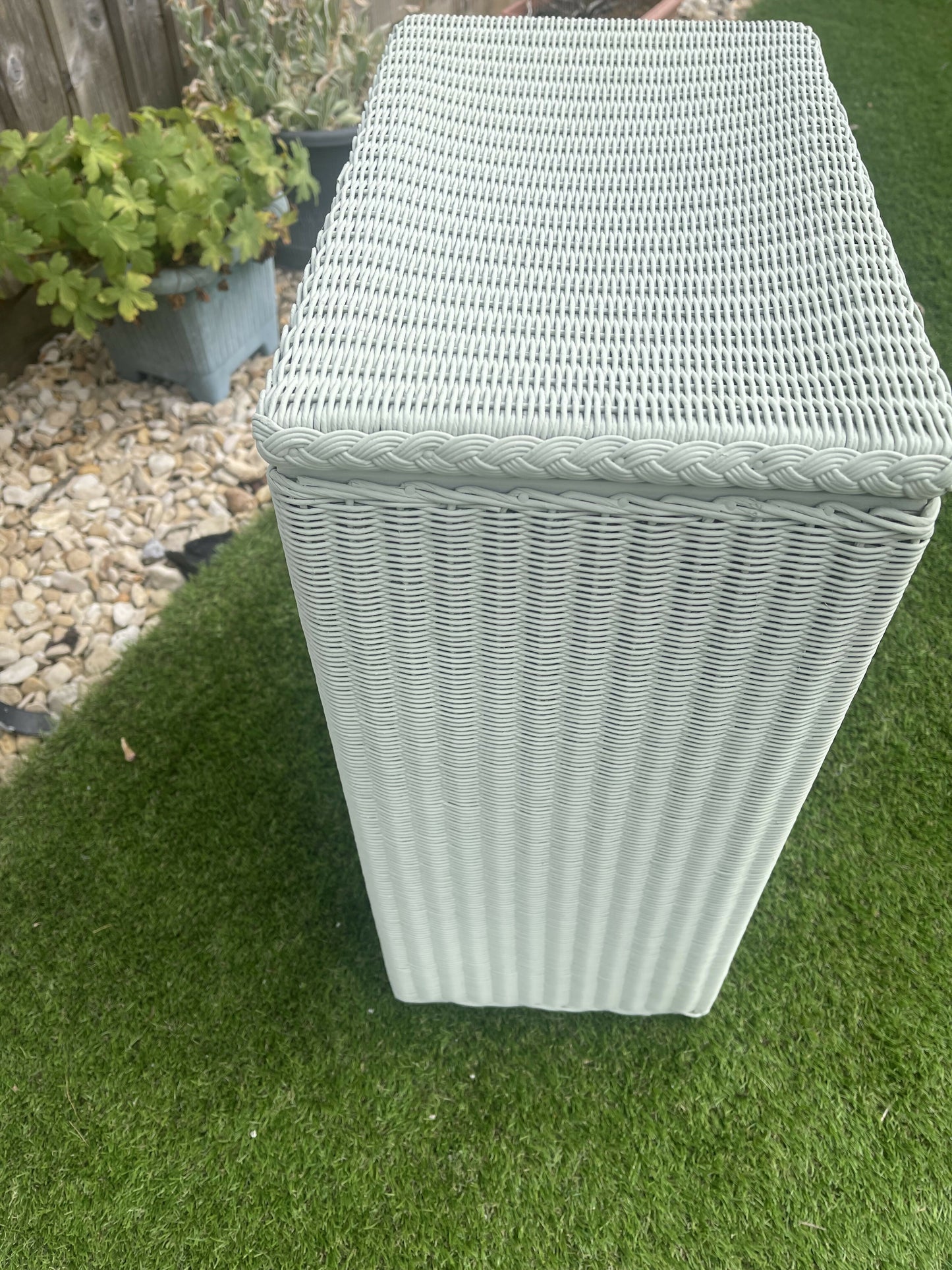 Lloyd loom 1951 laundry basket- recently refreshed in light green chalk paint
