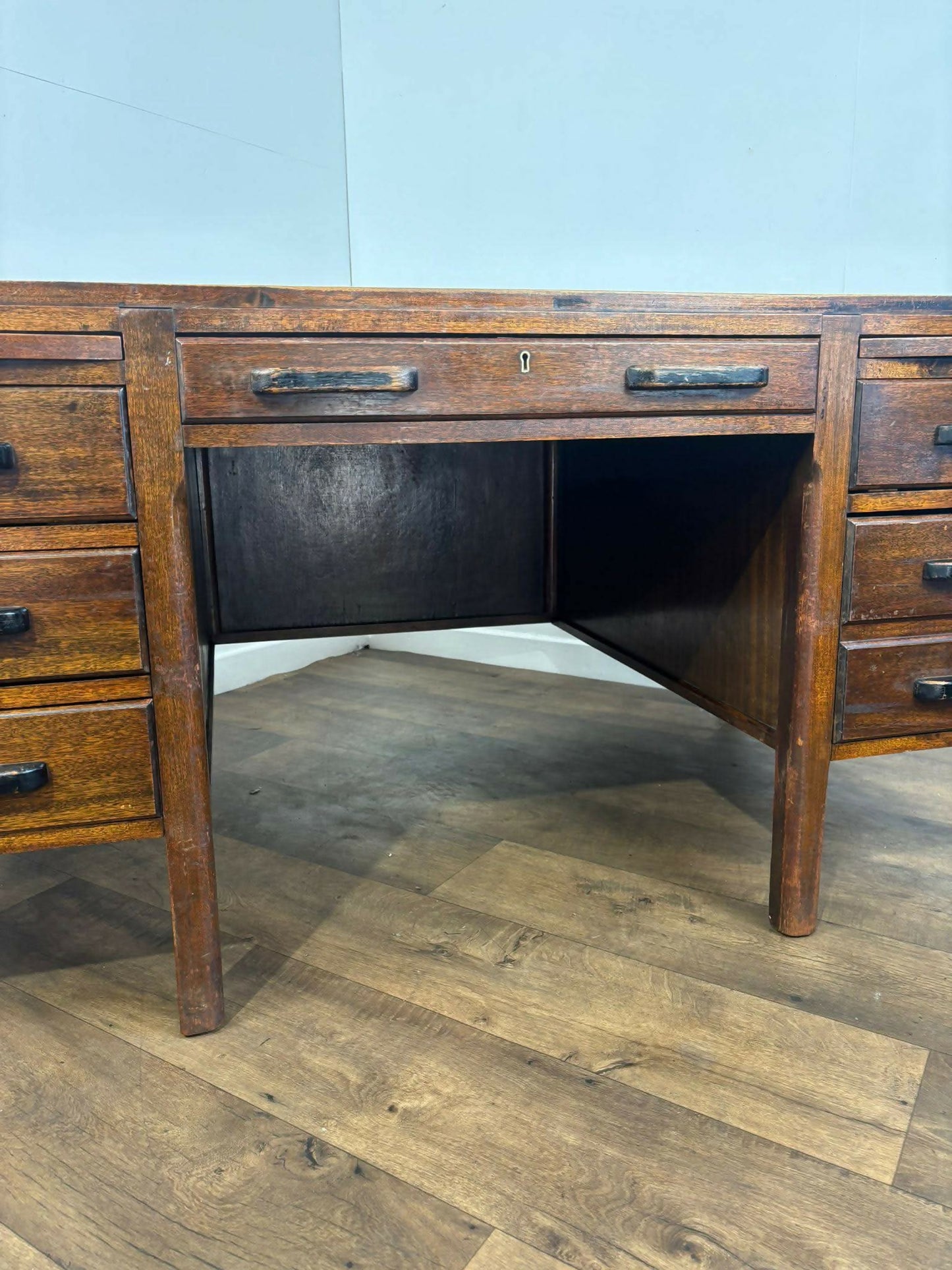 Mid Century Oak Kneehole Twin Pedestal Desk
