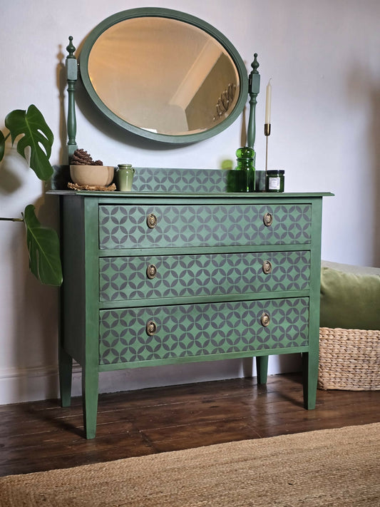 1929 CWS Upcycled Chest of Drawers with Oval Mirror | Antique Green Dresser