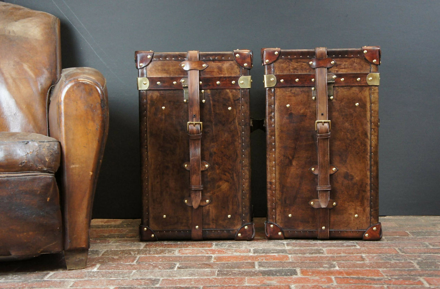 English vintage storage trunks - matching luxury pair - chestnut brown hand dyed
