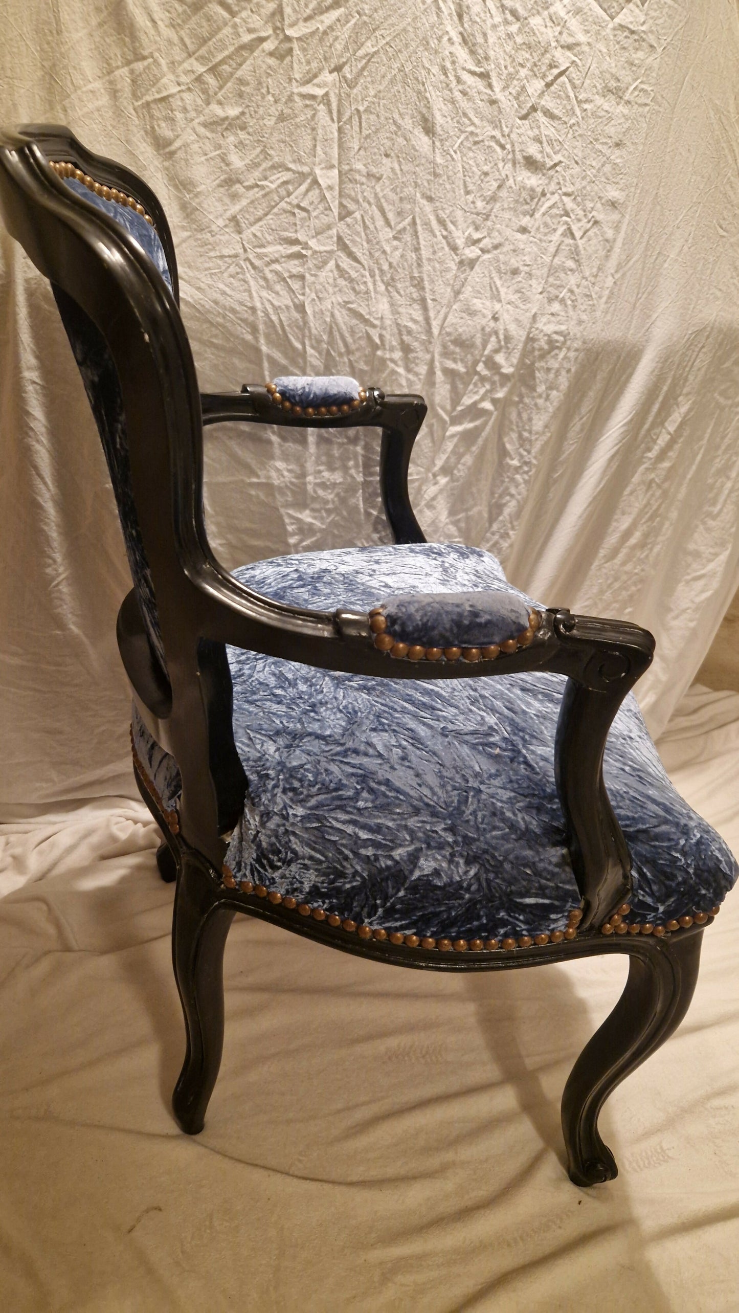 Louis XV Rococco Style Vintage Antique Chair Blue Crushed Velvet