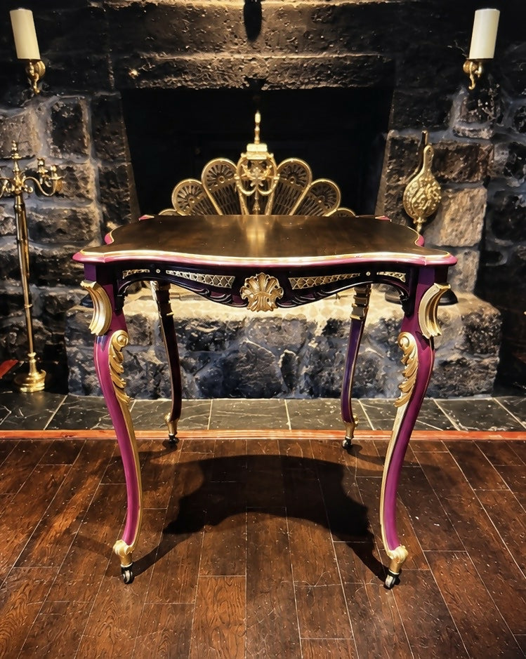 Vintage French Style Occasional Table In Burgundy & Gold Statement Accent