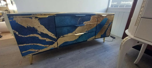 Upcycled Navy Sideboard with Gold Leaf: Mid-Century Modern Cabinet
