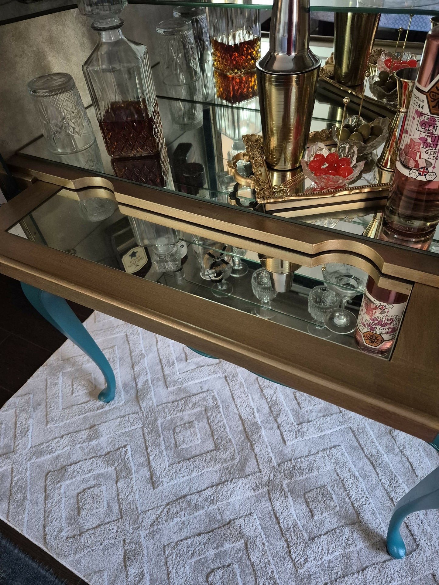 Exquisite Edwardian Cocktail Cabinet Luxury Upcycled – Teal & Peacock Decoupage, Mirrored Bar with LED & Gold Interior