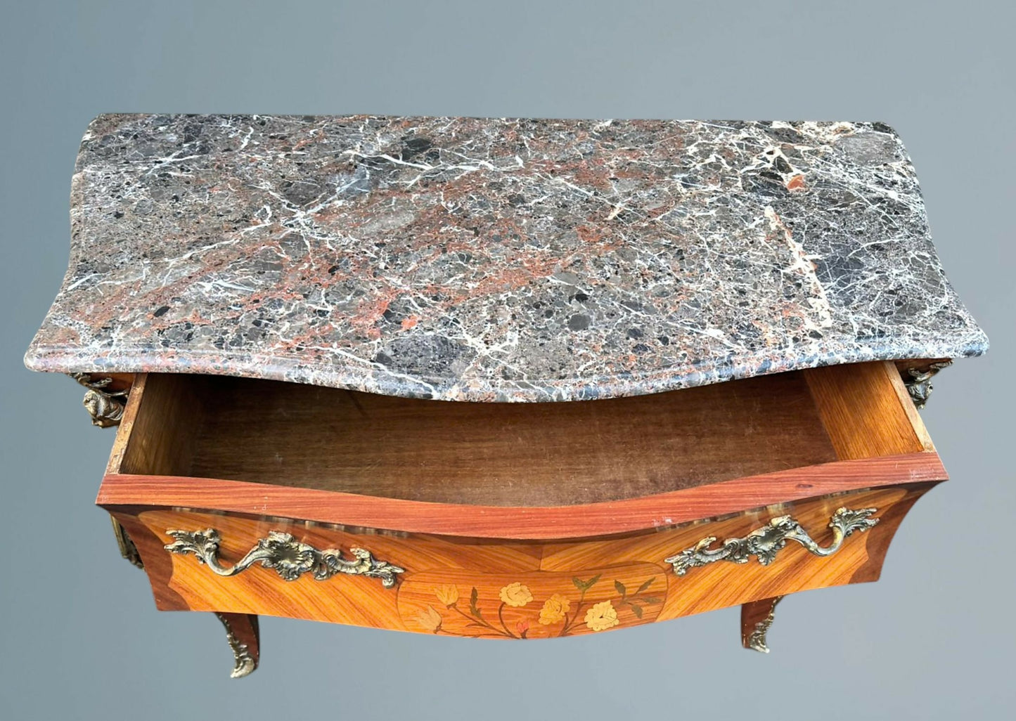 Louis XV Style French Walnut and Marquetry Inlaid Marble Top Commode