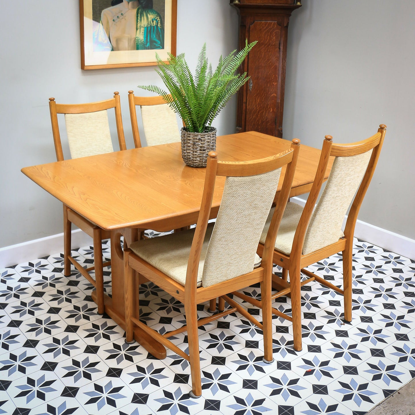 Ercol Windsor Large Extending Dining Table and Four Windsor Penn Chairs