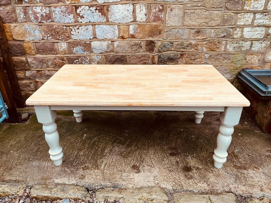 Solid Farmhouse Dining Table | Hand-Finished Painted Base & Natural Wood Top | Rustic Country Kitchen Table