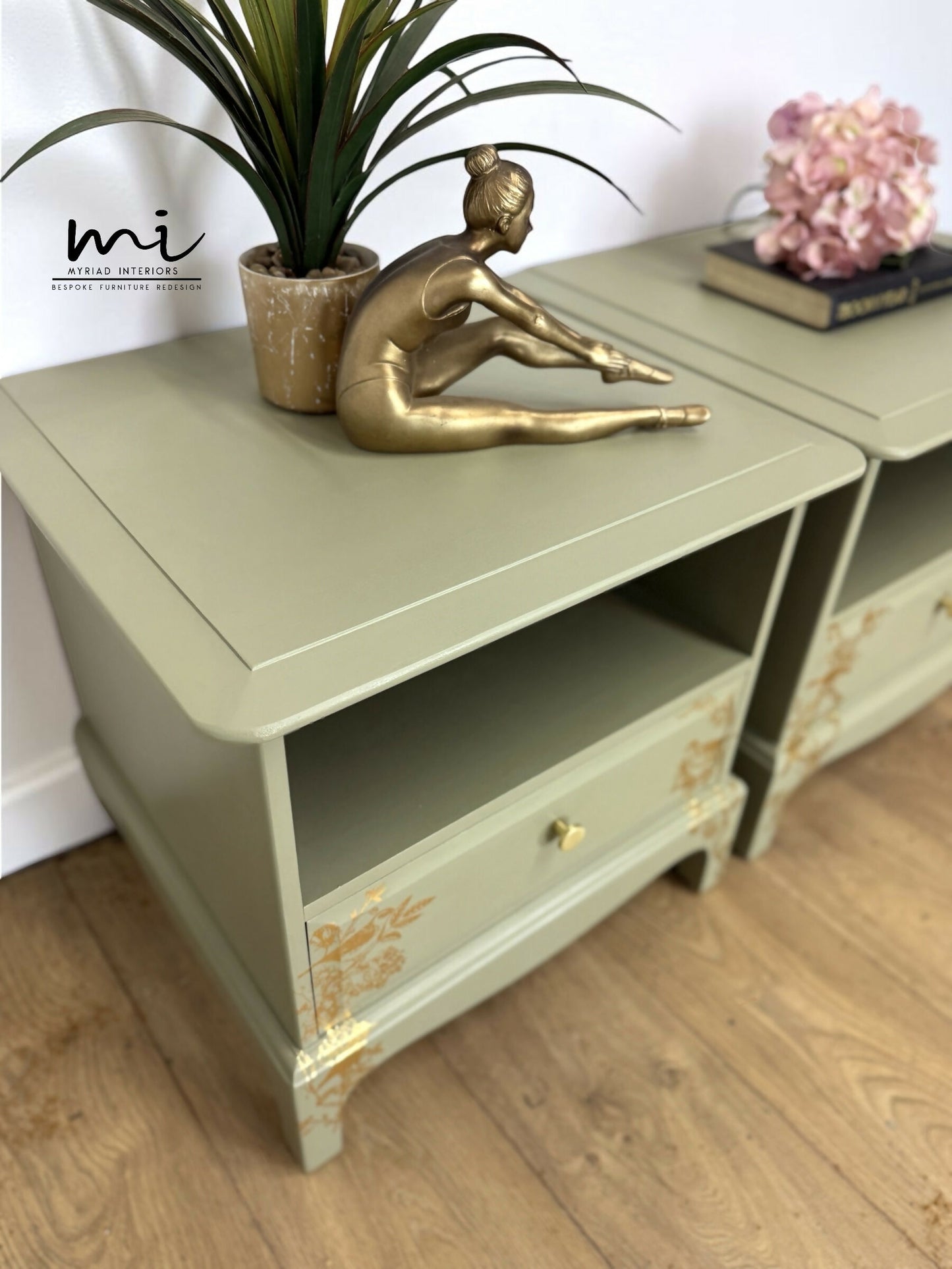 Stag Minstrel Bedside Tables In Pale Sage Green With Gold Foil Bird And Floral Design