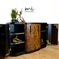 Refinished Art Deco Burl Walnut and Black Sideboard, drinks cabinet, 1930s, buffet