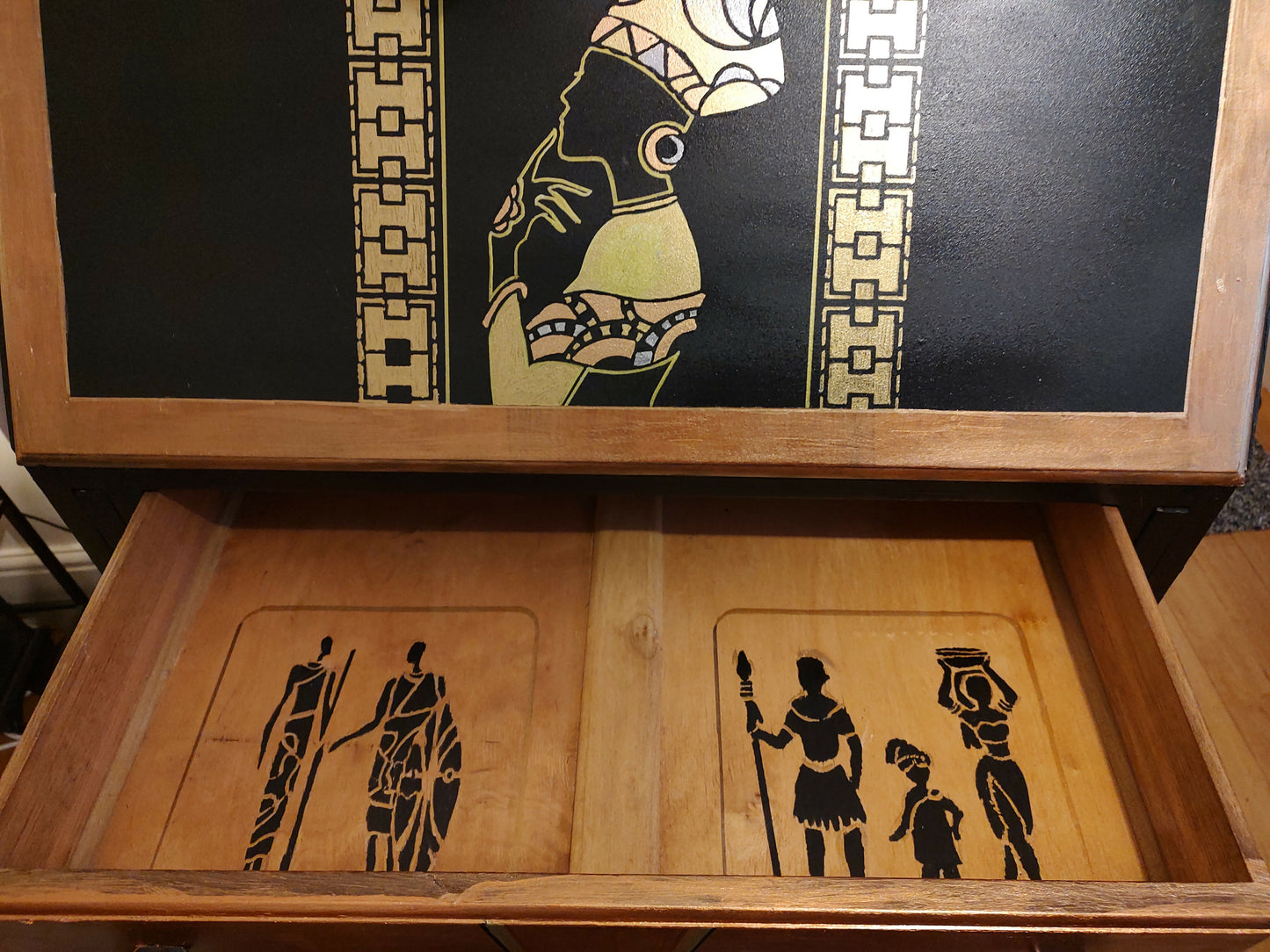THE AFRICAN ASPECTS UPCYCLED - ONE-OFF FURNITURE ART “Echoes of Her” black, gold and copper bureau