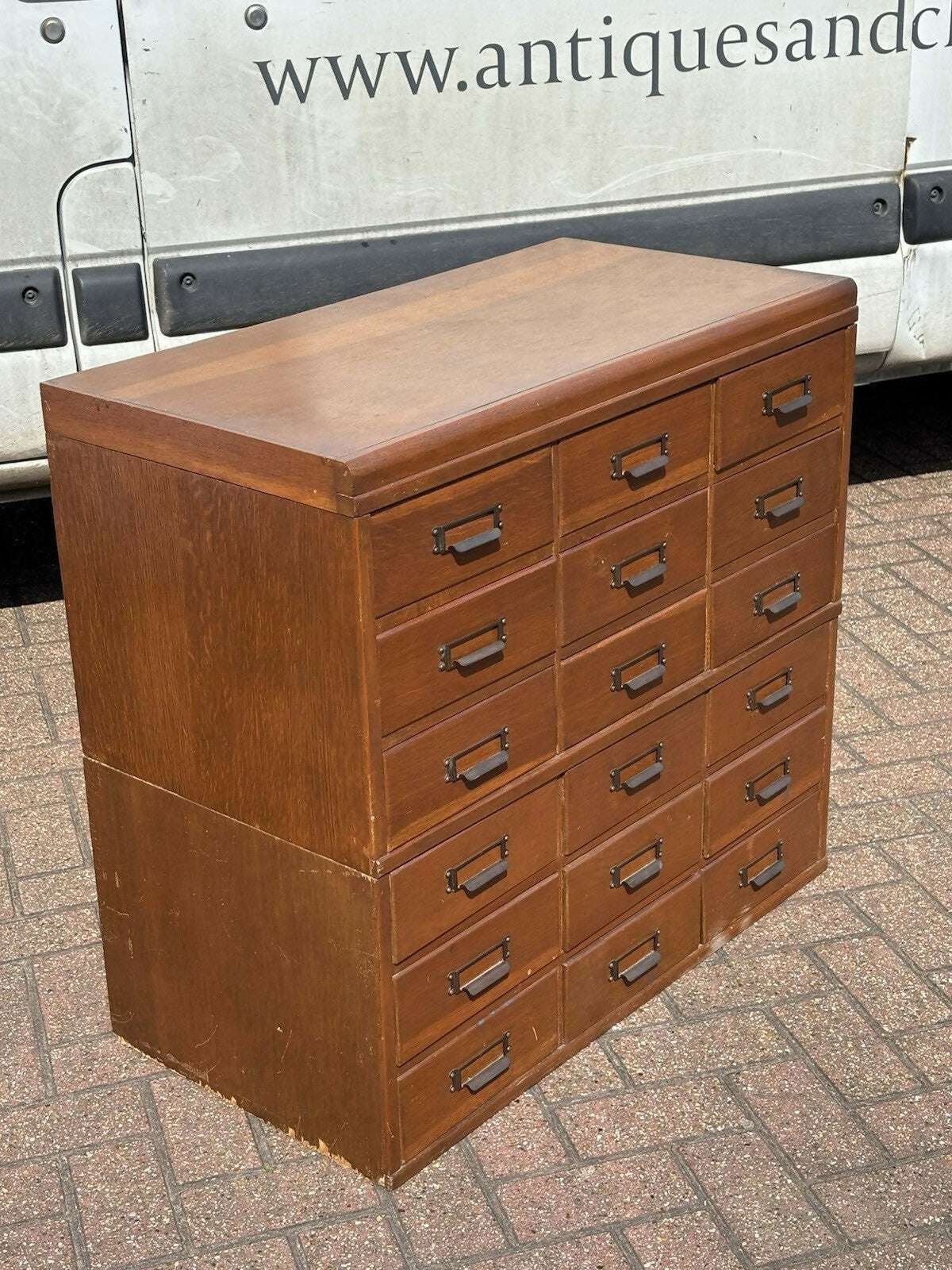 Large Vintage Edwardian Floor Standing Oak Filing Drawers. Cabinet Splits In Half.