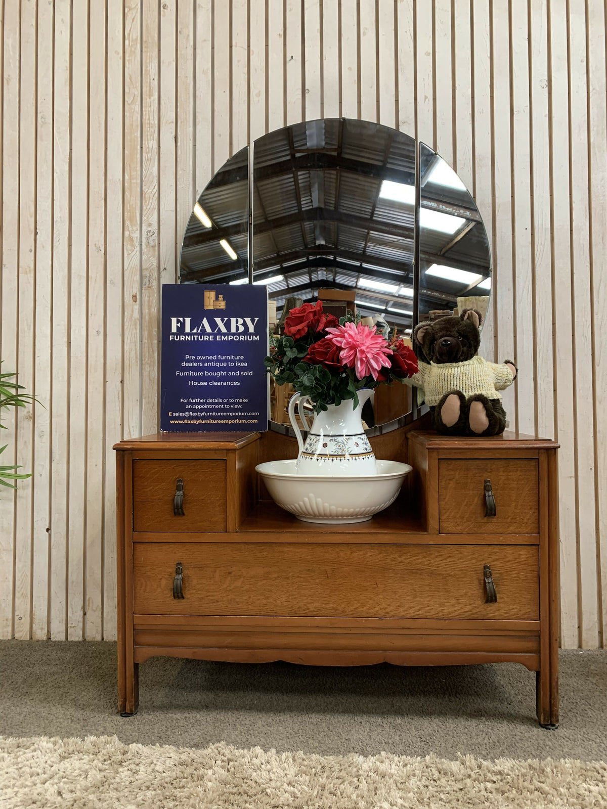 Vintage Art Deco Oak Dressing Table Circular Mirror BCM/HL Lebus Vanity Desks