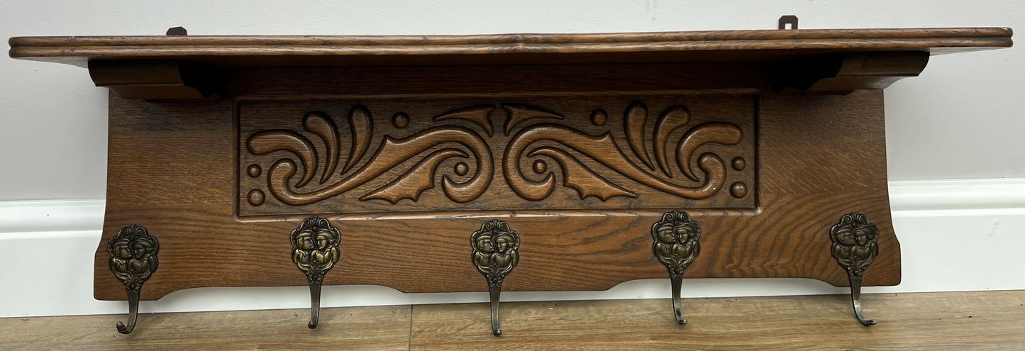 Coat Rack Vintage French Oak Wall Mounted 5 Hooks Carved Rack Hanger LOT 6302