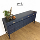 Refinished mid century Nathan sideboard drinks cabinet, navy blue with art deco chinoiserie inspired design, gold, cocktail, tv media unit