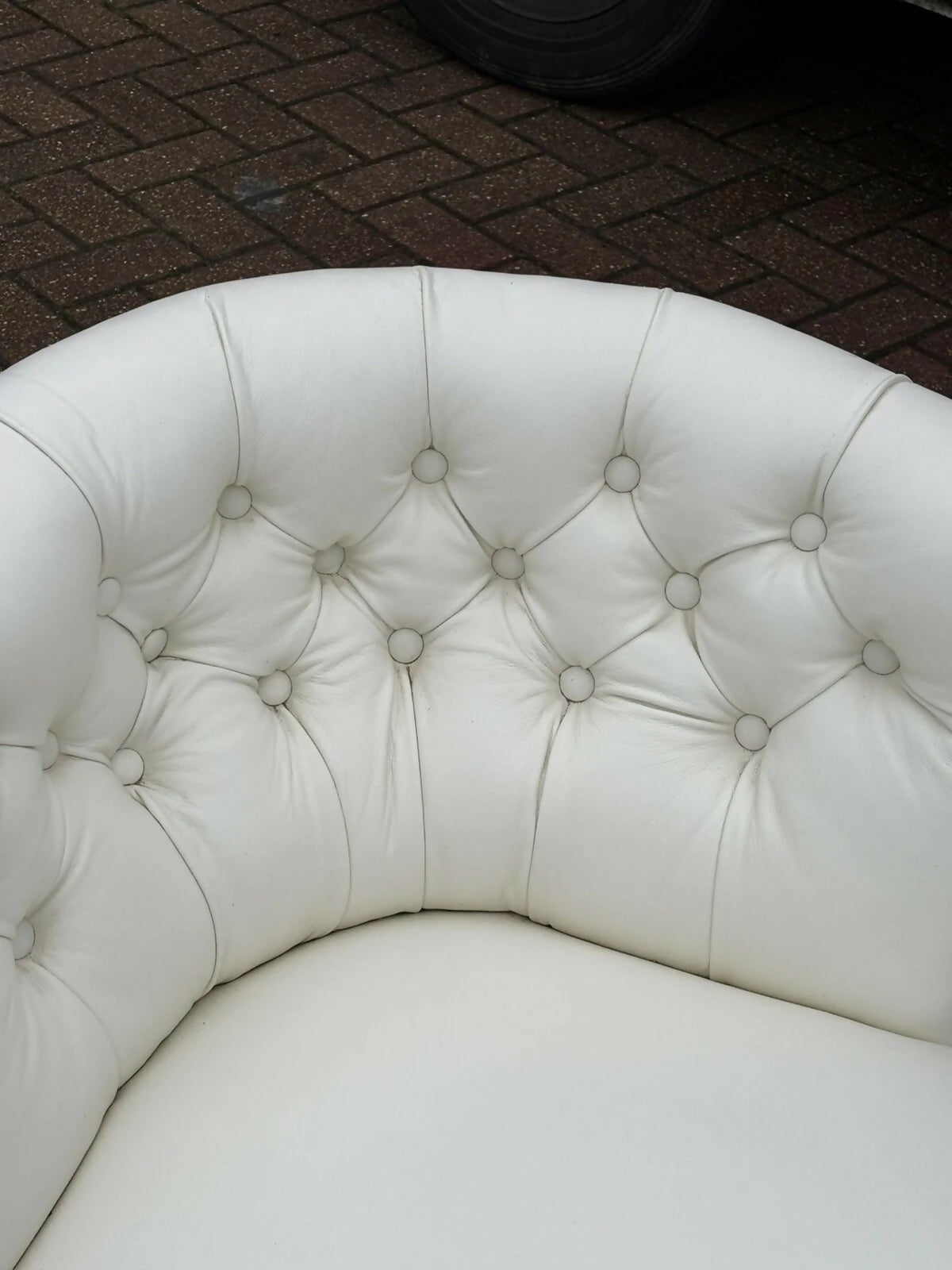 Victorian Sofa In White Leather, Walnut Show Frame, Cabriole Legs.