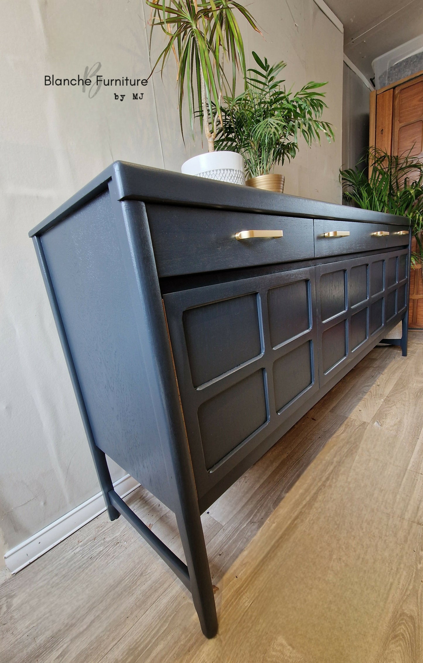 Large Mid Century Nathan Sideboard in Grey and Gold Handles