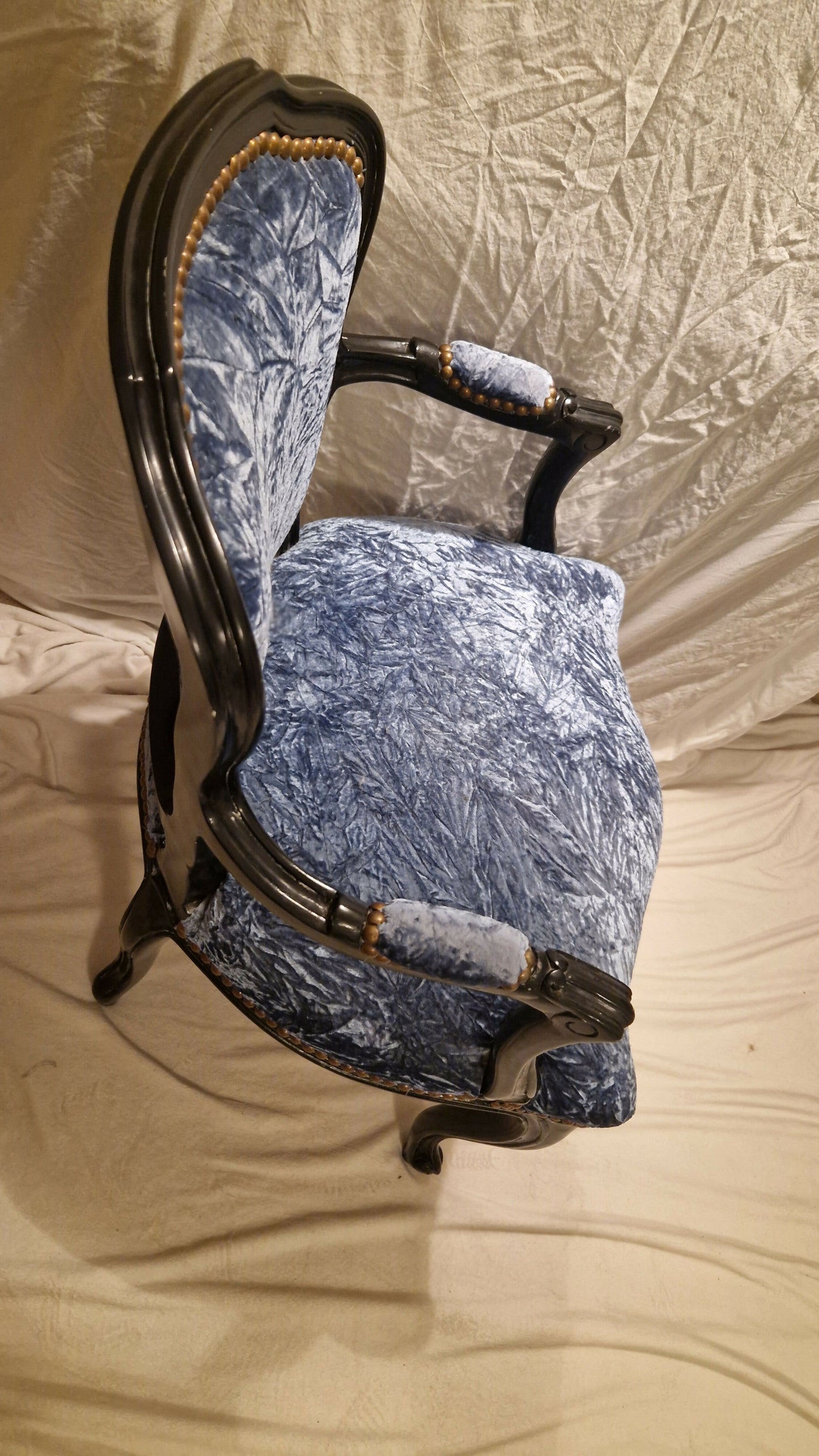 Louis XV Rococco Style Vintage Antique Chair Blue Crushed Velvet