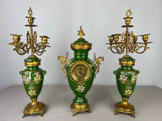 Mantel Clock Set Antique French Garniture Porcelain Bronze Candelabras LOT 3620