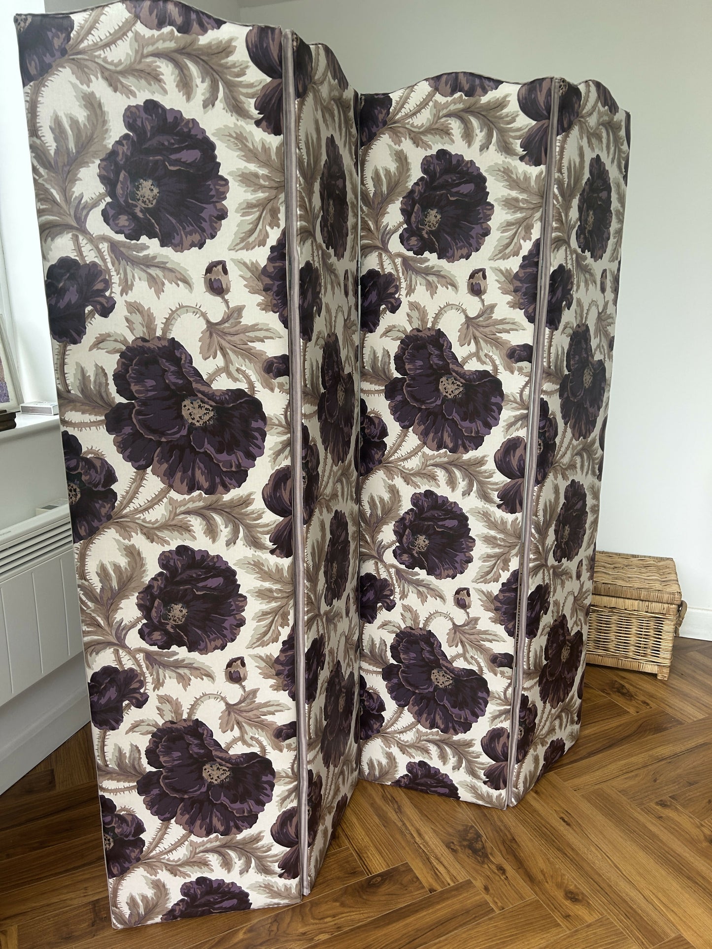 Vintage Reupholstered four- panel Room Divider/ Dressing Screen in Bernard Nevill Fabric
