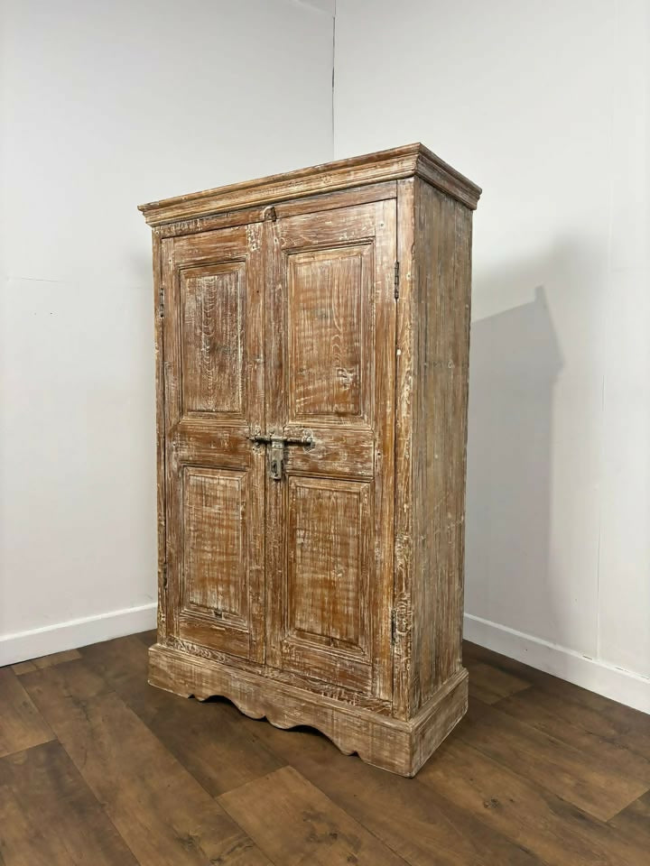 Vintage Indian Rustic Wooden Cupboard with Lime Wash Finish