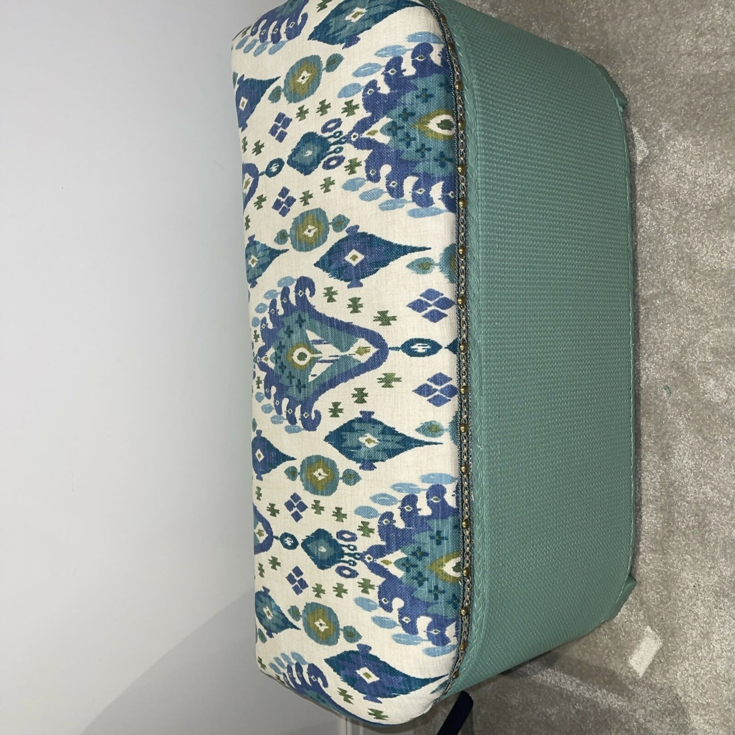 beautiful green repainted mid century storage seat/ ottoman. You choose the fabric from select given.