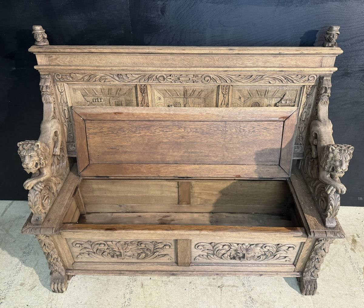 French Carved Oak Tavern Scene Bench