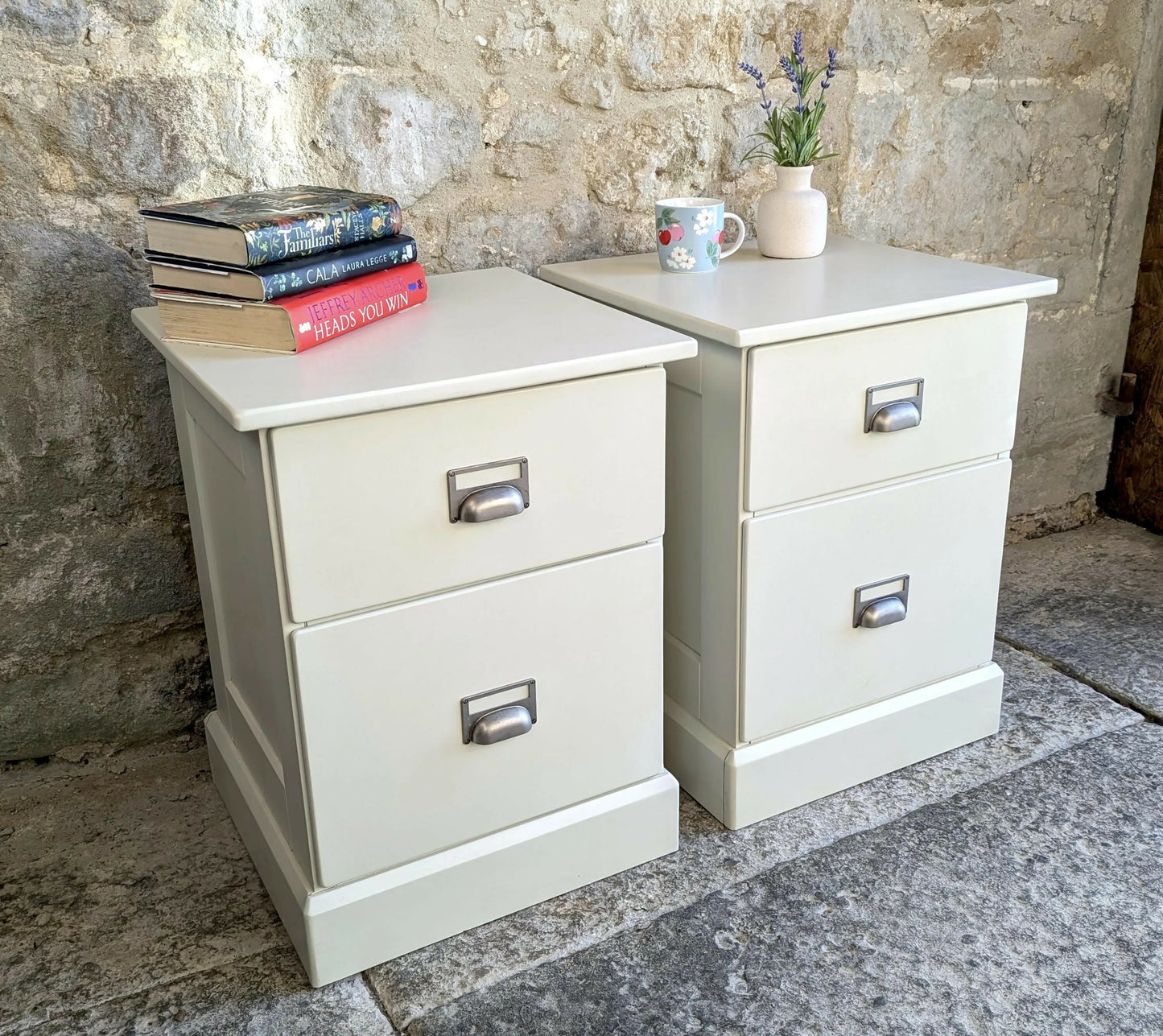 Pair Painted Bedside Tables with Drawers - Off White/ Cream