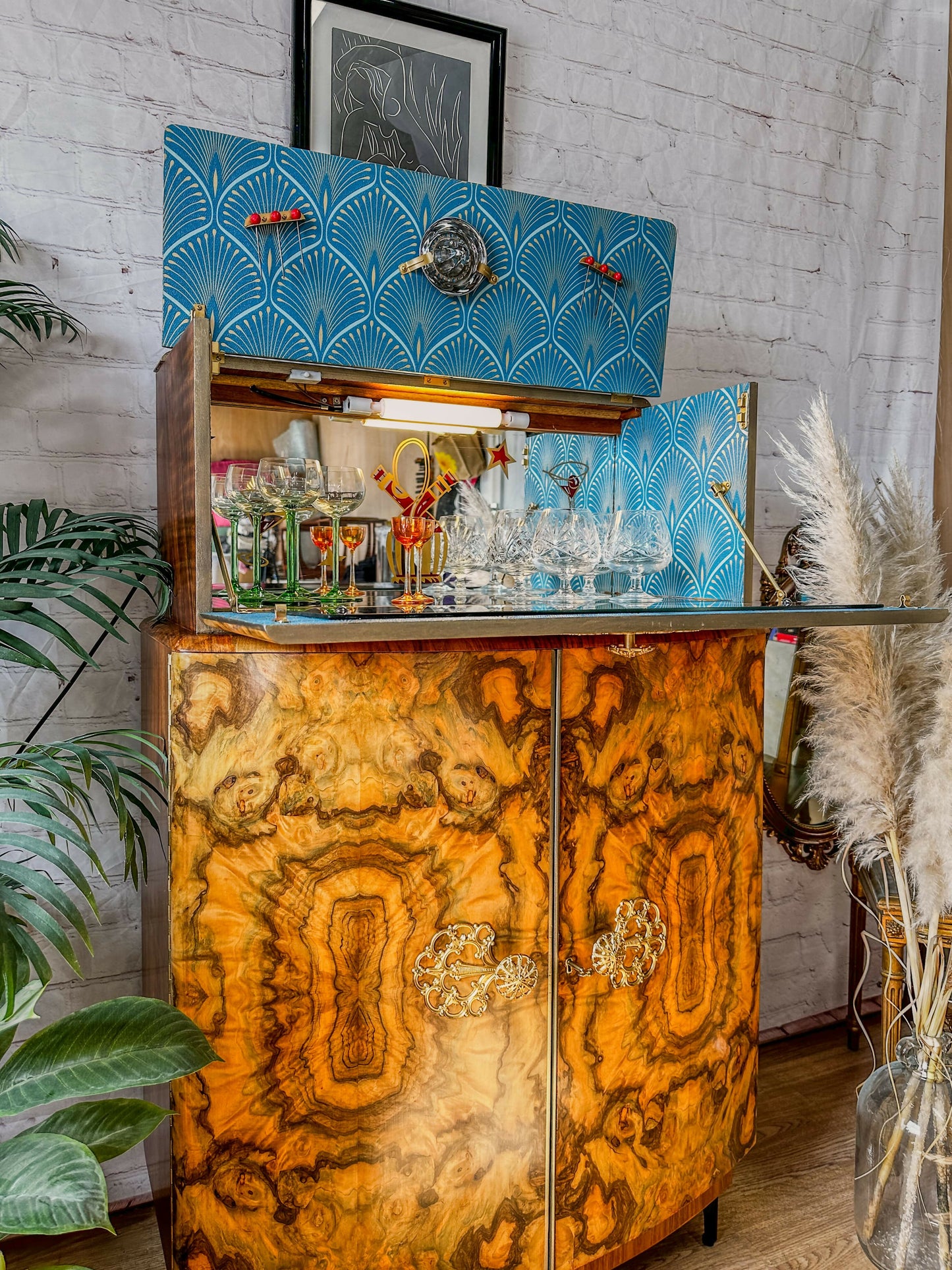 Cocktail Cabinet, Vintage Drinks Bar, Teal and Gold, Art Deco, 1950’s Drinks Unit, Retro Bar, Walnut MADE TO ORDER