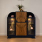 Curved Art Deco walnut drinks cocktail cabinet in navy blue and gold with peacock design. Glass display, Drinks cabinet, Sideboard