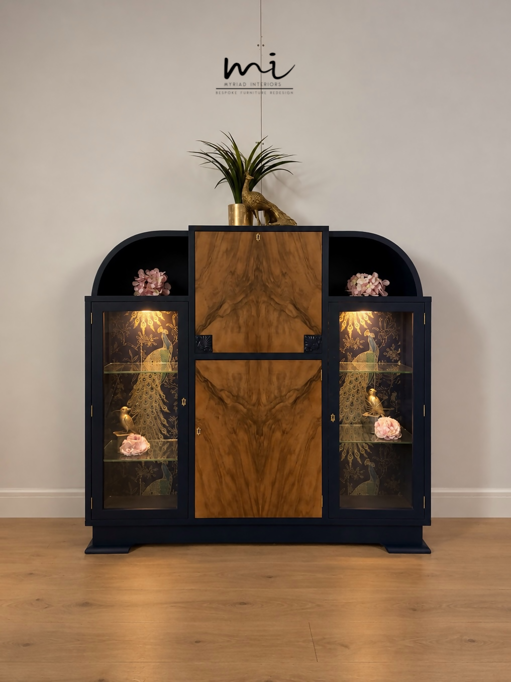 Curved Art Deco walnut drinks cocktail cabinet in navy blue and gold with peacock design. Glass display, Drinks cabinet, Sideboard