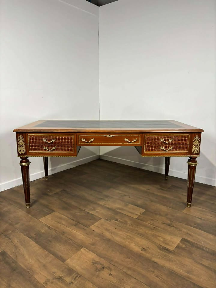 Continental Reproduction Walnut Veneered Tooled Inlaid Desk (style of Louis XVI)