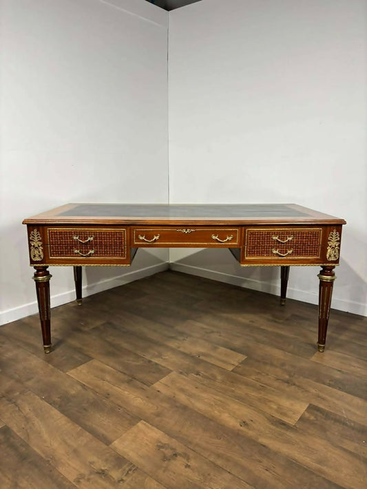 Continental Reproduction Walnut Veneered Tooled Inlaid Desk (style of Louis XVI)