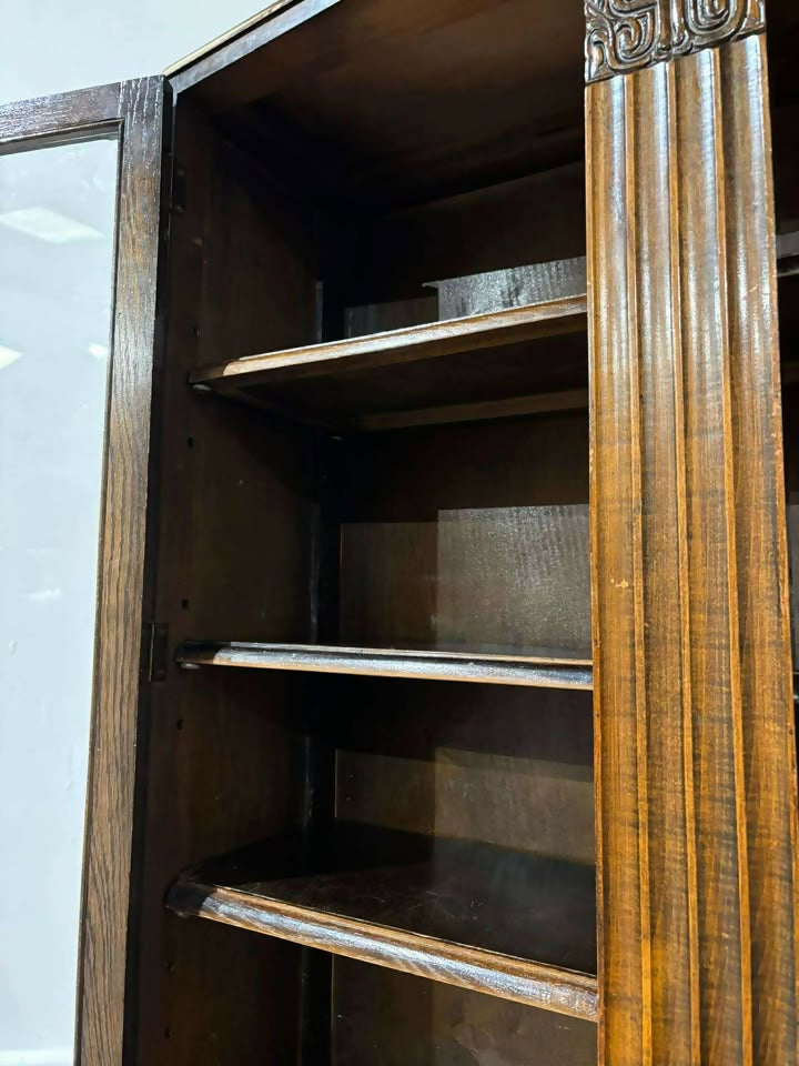 Vintage 1940s Oak Two Door Glazed Bookcase