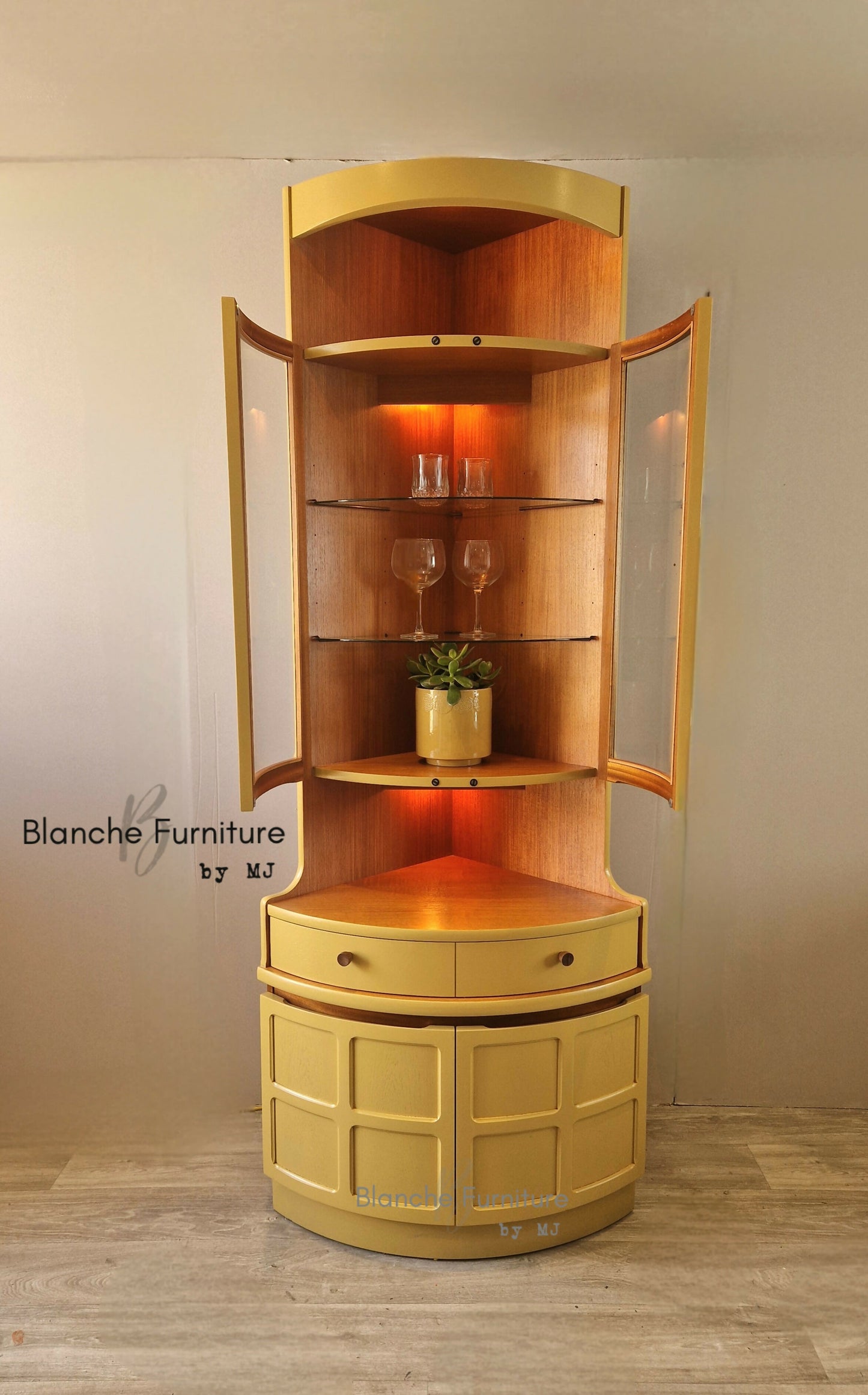 Tall, Mid Century Curved Corner Drinks Cabinet with lught - By Nathan