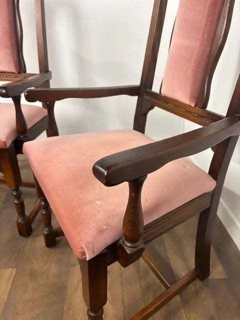 Pair Of Vintage Oak Armchairs With Pink Upholstered Seats & Backs