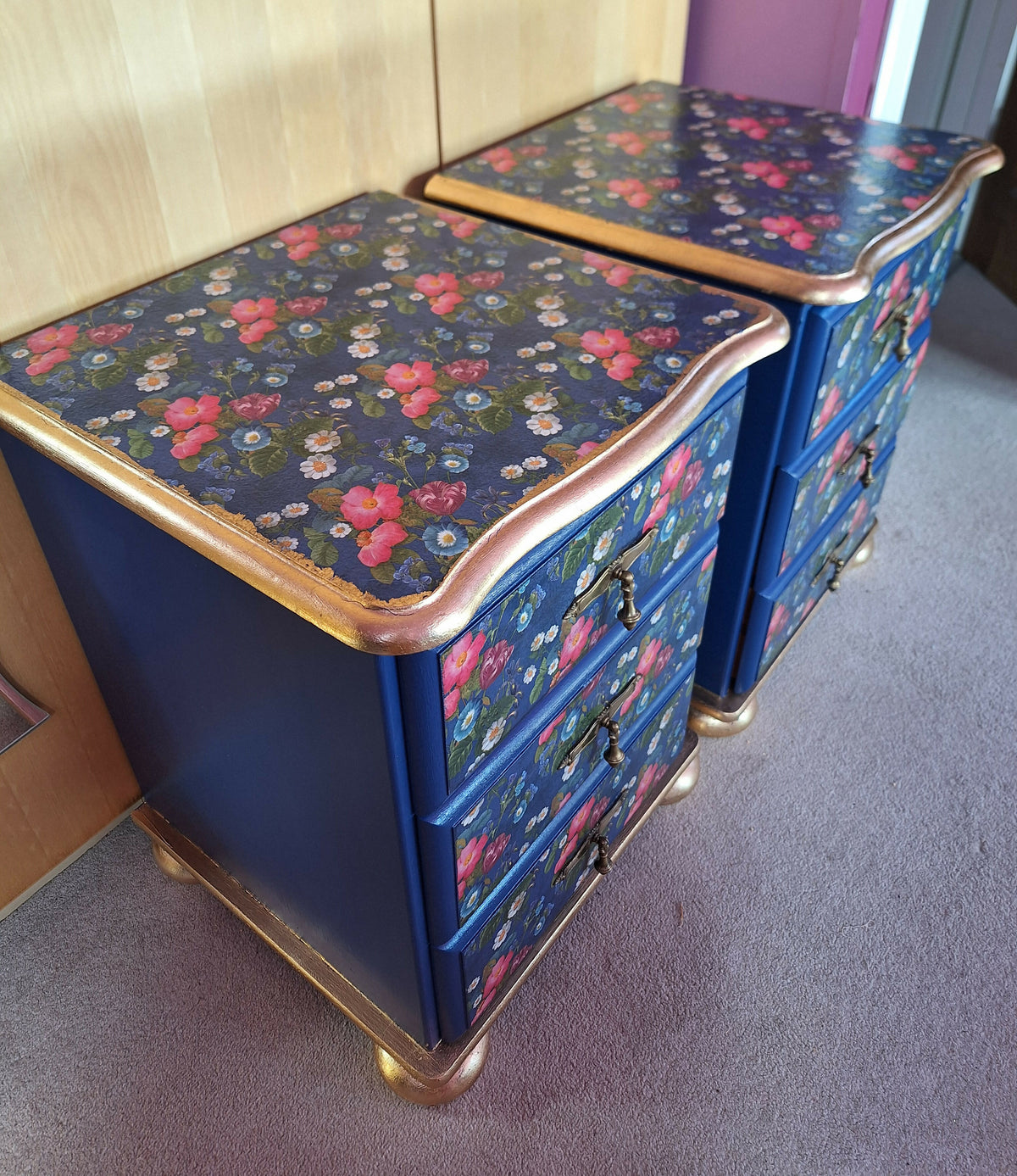 “Blue Floral” 1980s Bedside 3 Drawers