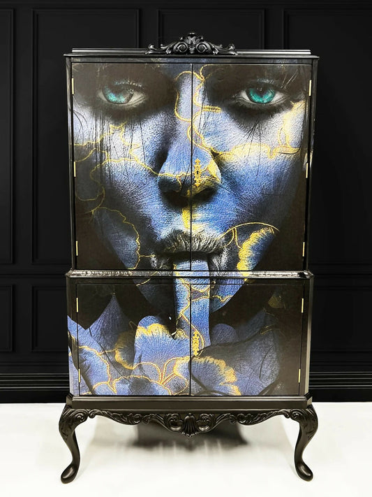 Upcycled Painted Drinks Cocktail Cabinet - Blue and Gold Lips