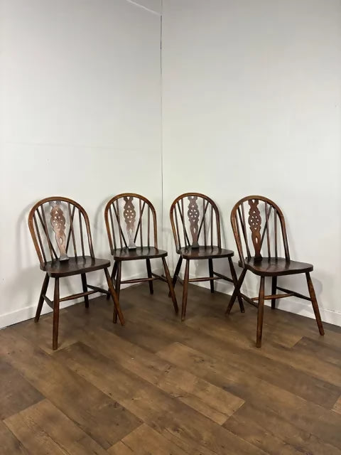 Vintage Set Of Four Oak Wheelback Dining Chairs