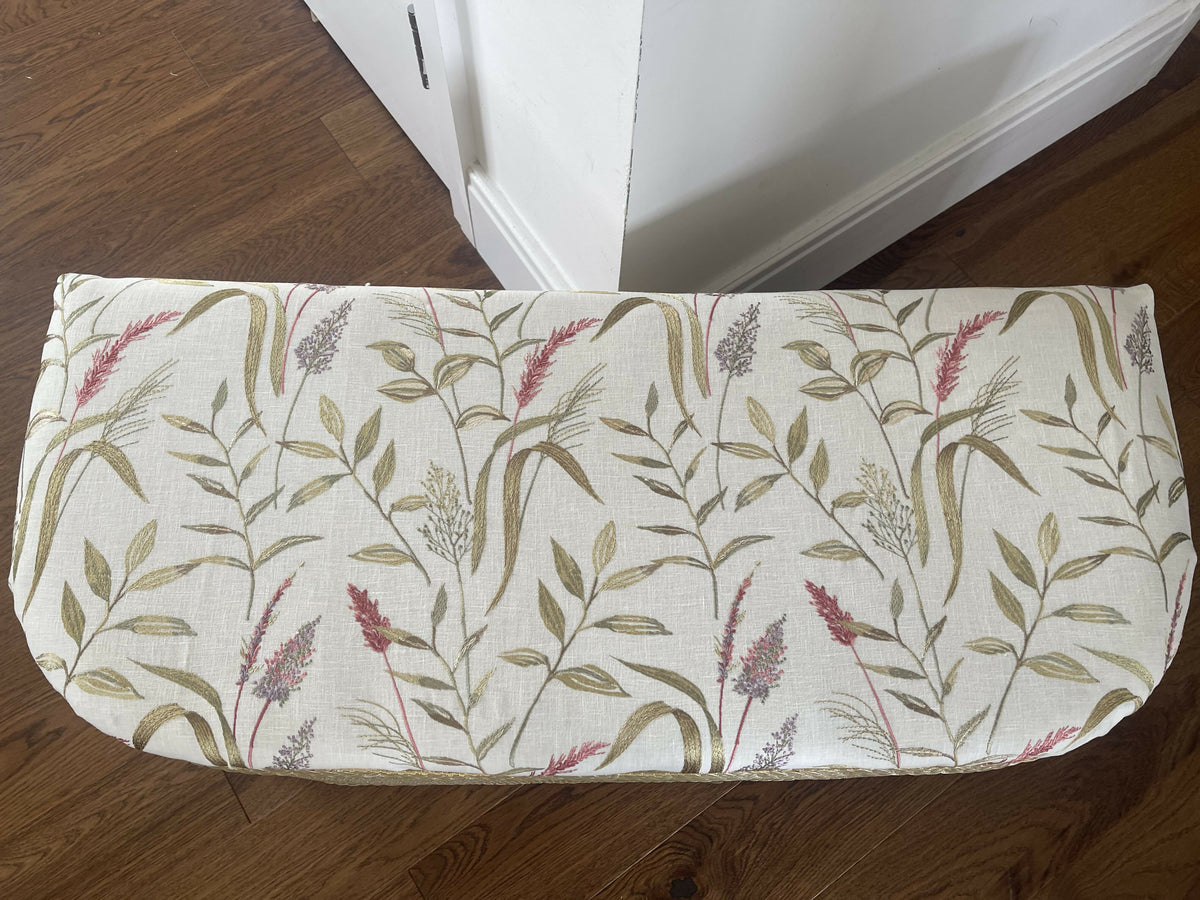 Gold painted mid century Ottoman with new marching cotton fabric top