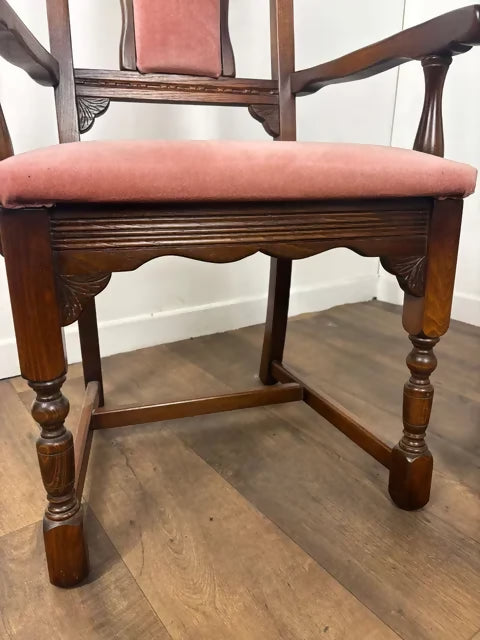 Pair Of Vintage Oak Armchairs With Pink Upholstered Seats & Backs