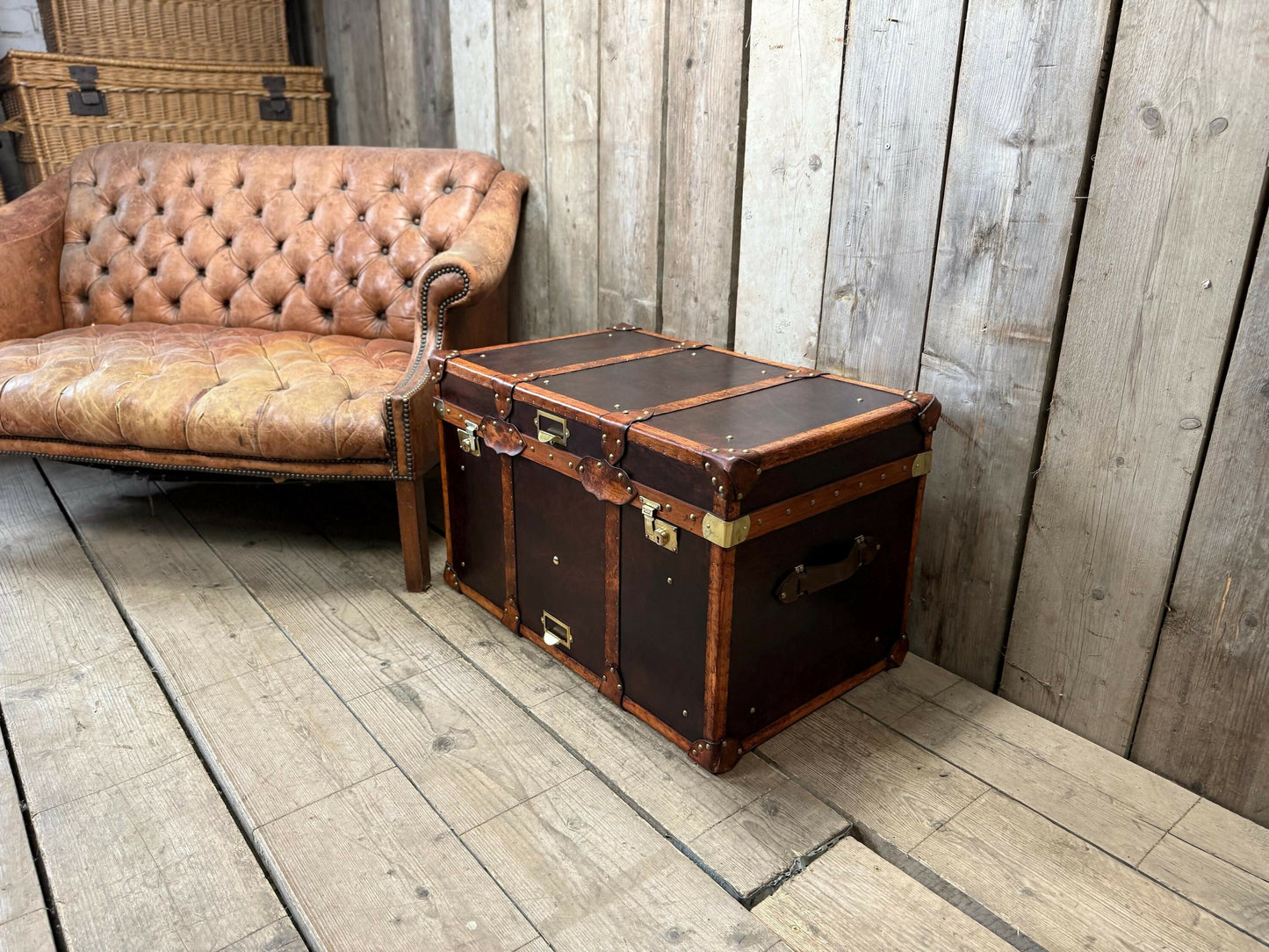 Vintage storage trunk chestnut brown leather