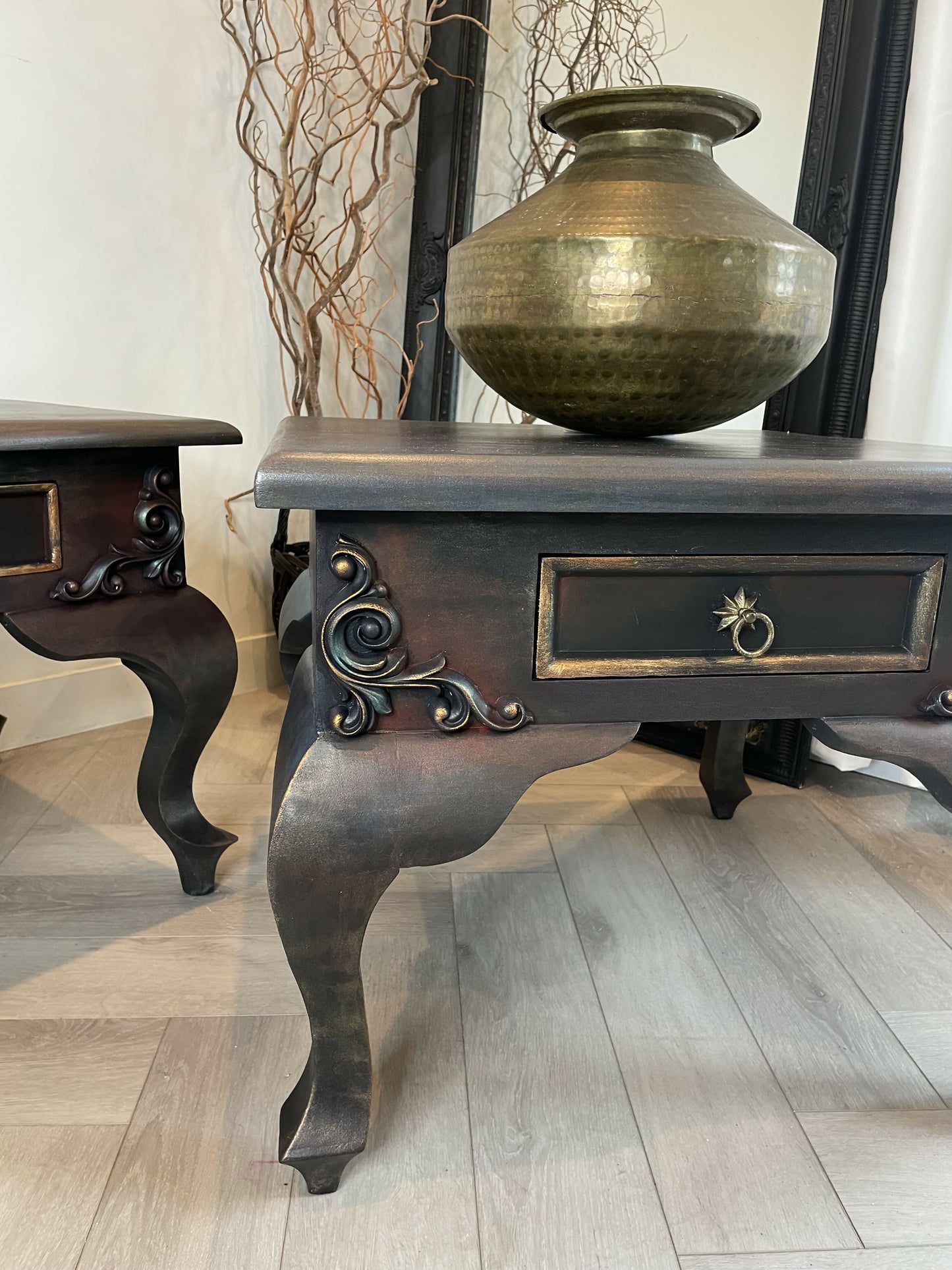 Vintage hand-painted side tables. Pair of french style bedside tables. Metallic finish